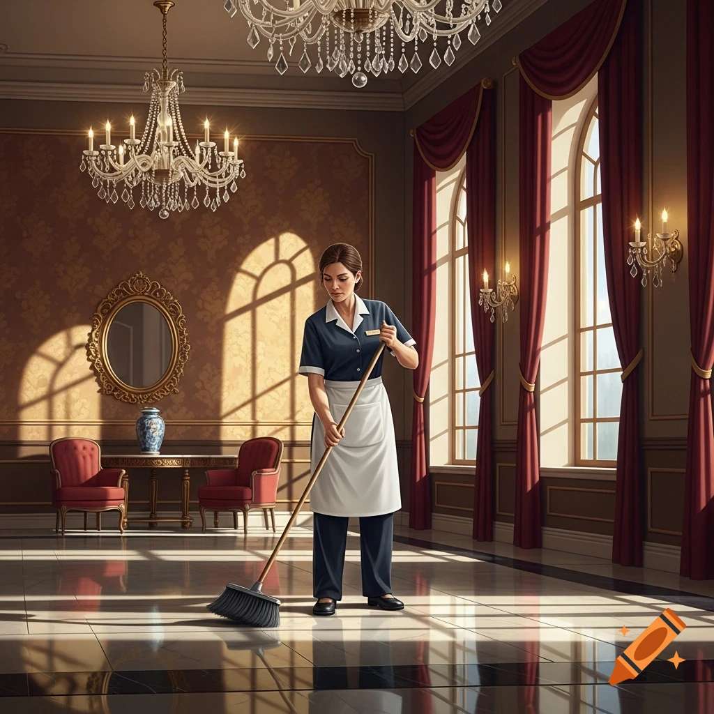 A cleaning lady in uniform sweeps the polished floor of a grand, luxurious hall with chandeliers and large windows.