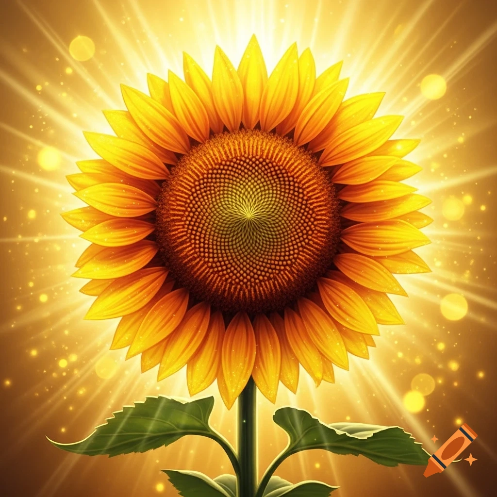 A vibrant sunflower with golden petals and a detailed seed head, glowing against an ethereal bright golden background with light rays.