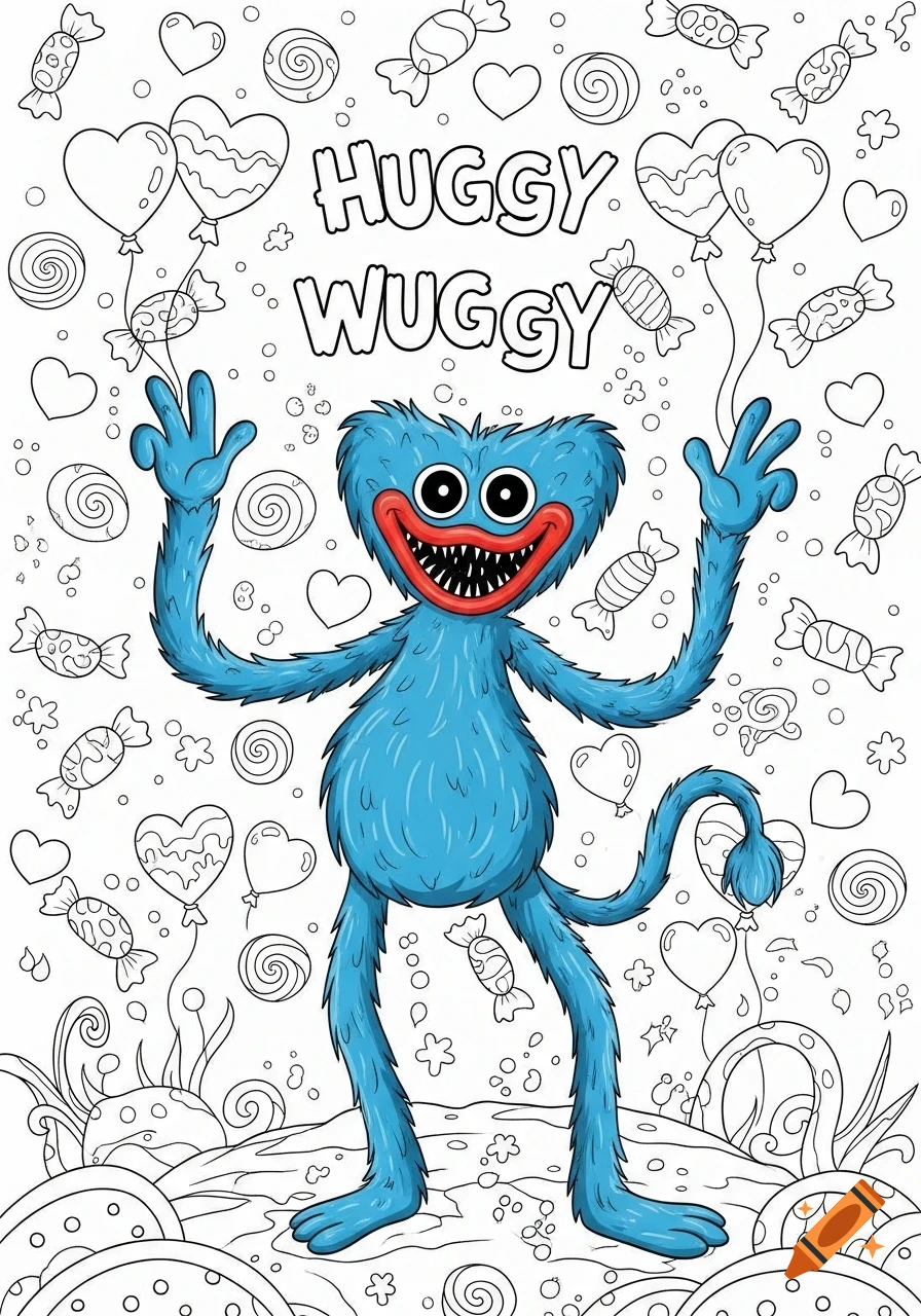 Huggy Wuggy cartoon monster in a coloring page style, with a blue body and wide grin, surrounded by hearts, balloons, and candies.