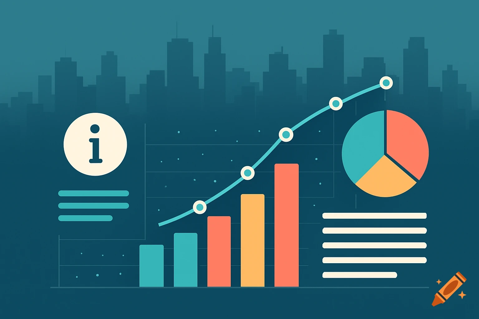 A modern vector illustration showing a line graph, bar chart, and pie chart over a dark blue cityscape background, with an 'i' for information icon.