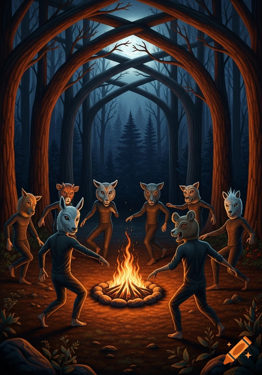 Stylized illustration of figures in various animal masks dancing around a campfire in a dark, moonlit forest.