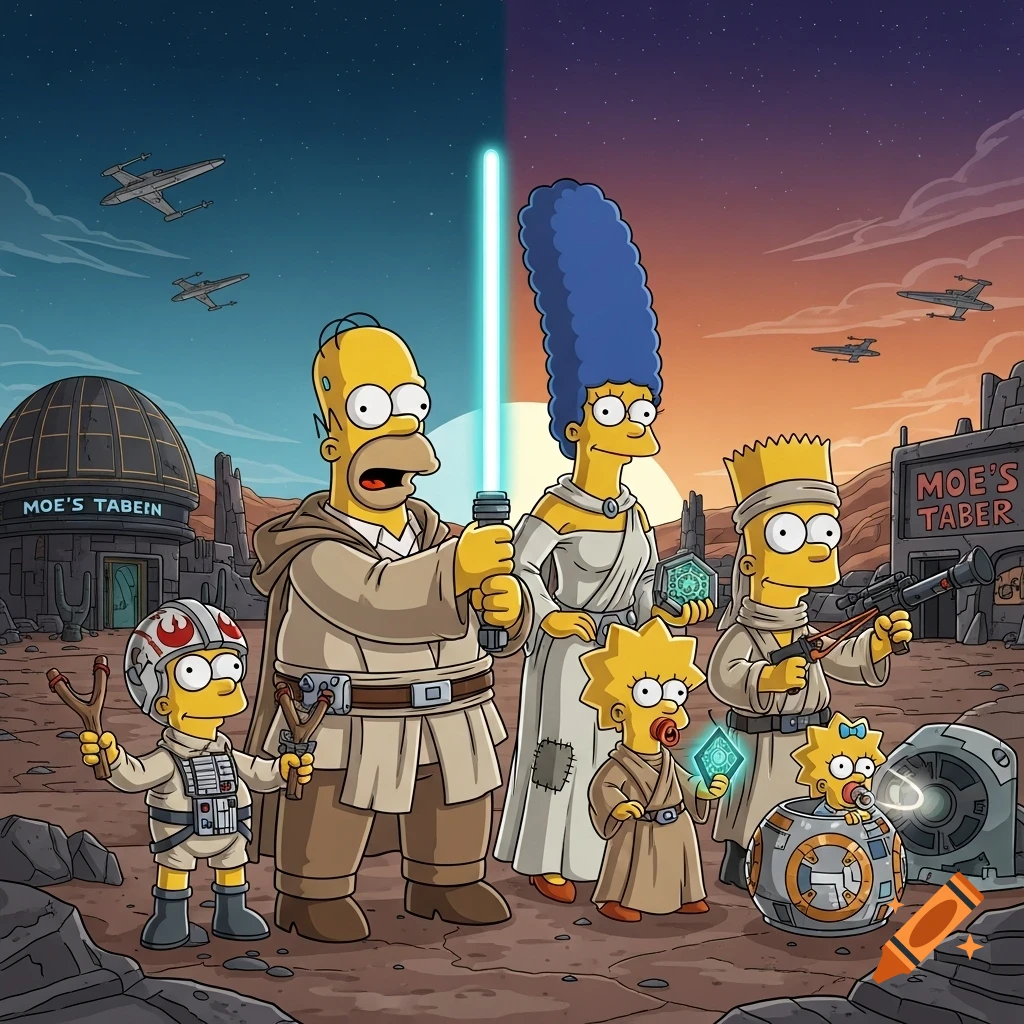 The Simpsons family dressed as Star Wars characters in a desert landscape, with Homer as a Jedi and Bart as a Rebel pilot.