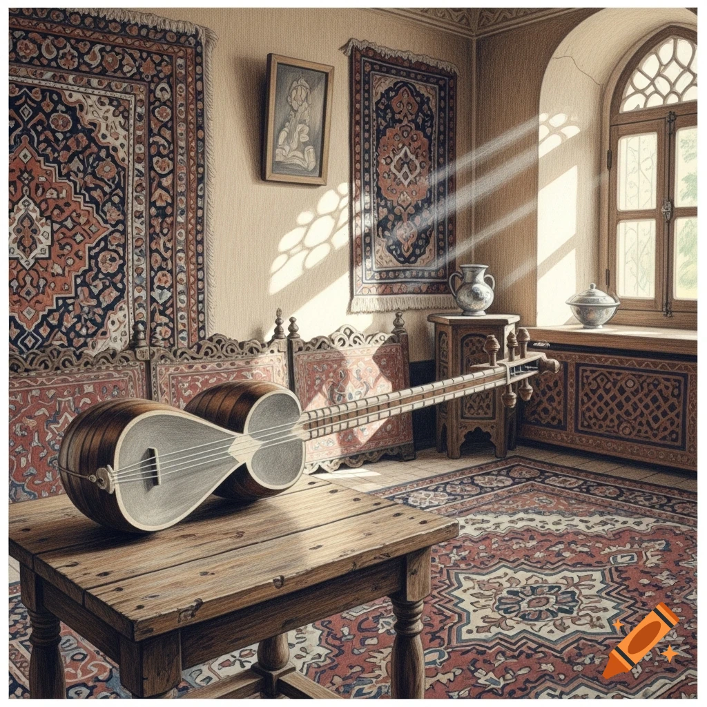 A setar on a wooden table in an old Iranian-style room with ornate rugs, carved furniture, and sunlight streaming through an arched window.