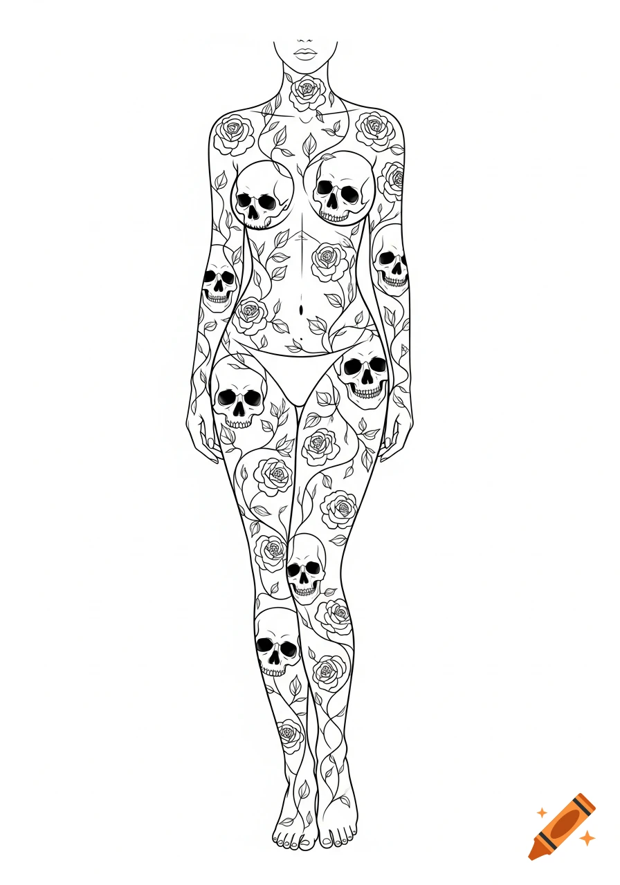 Minimalist line art drawing of a female body covered in full-body tattoo designs featuring skulls and rose vines.