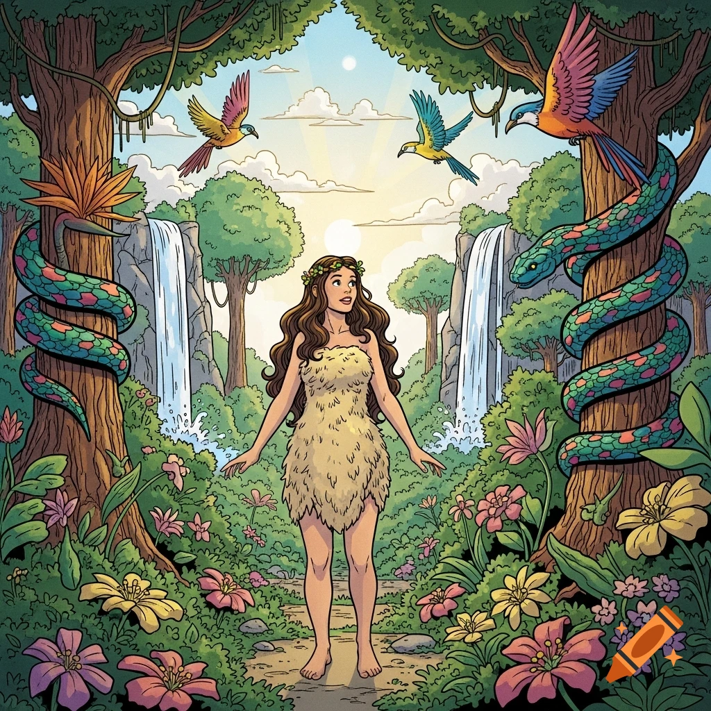 Comic book-style illustration of Eve in leaf attire, standing barefoot in a vibrant Garden of Eden with waterfalls, snakes, and birds.