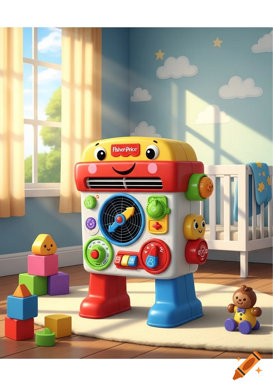 A colorful Fisher-Price children's toy, resembling an air handling unit, sits in a bright nursery with building blocks and a crib.
