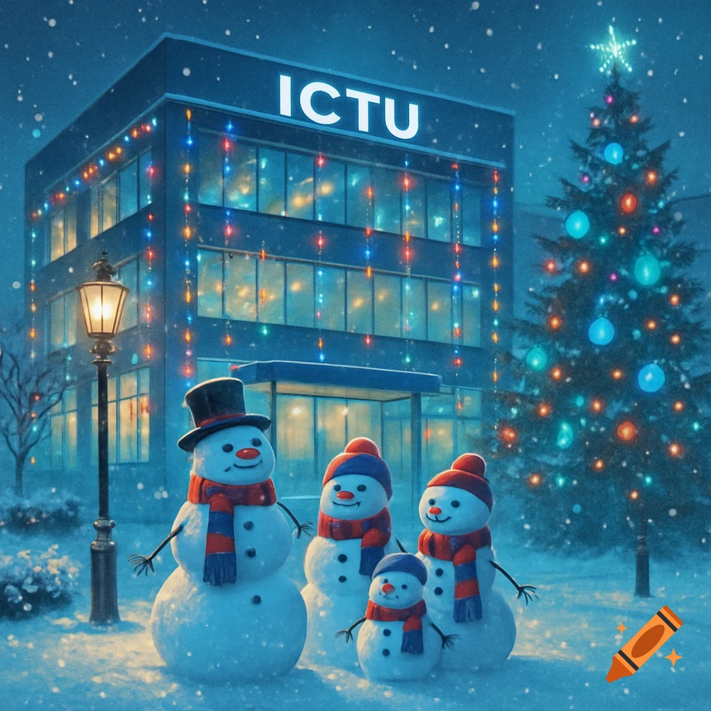 A snowy winter scene with a family of snowmen in front of an ICTU building adorned with Christmas lights and a decorated Christmas tree.