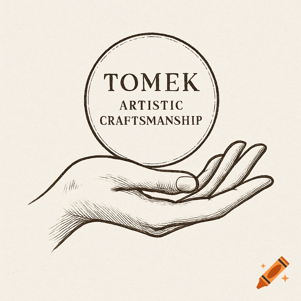 A stylized sketch logo featuring an open hand holding a circle with the text 'Tomek Artistic Craftsmanship'.