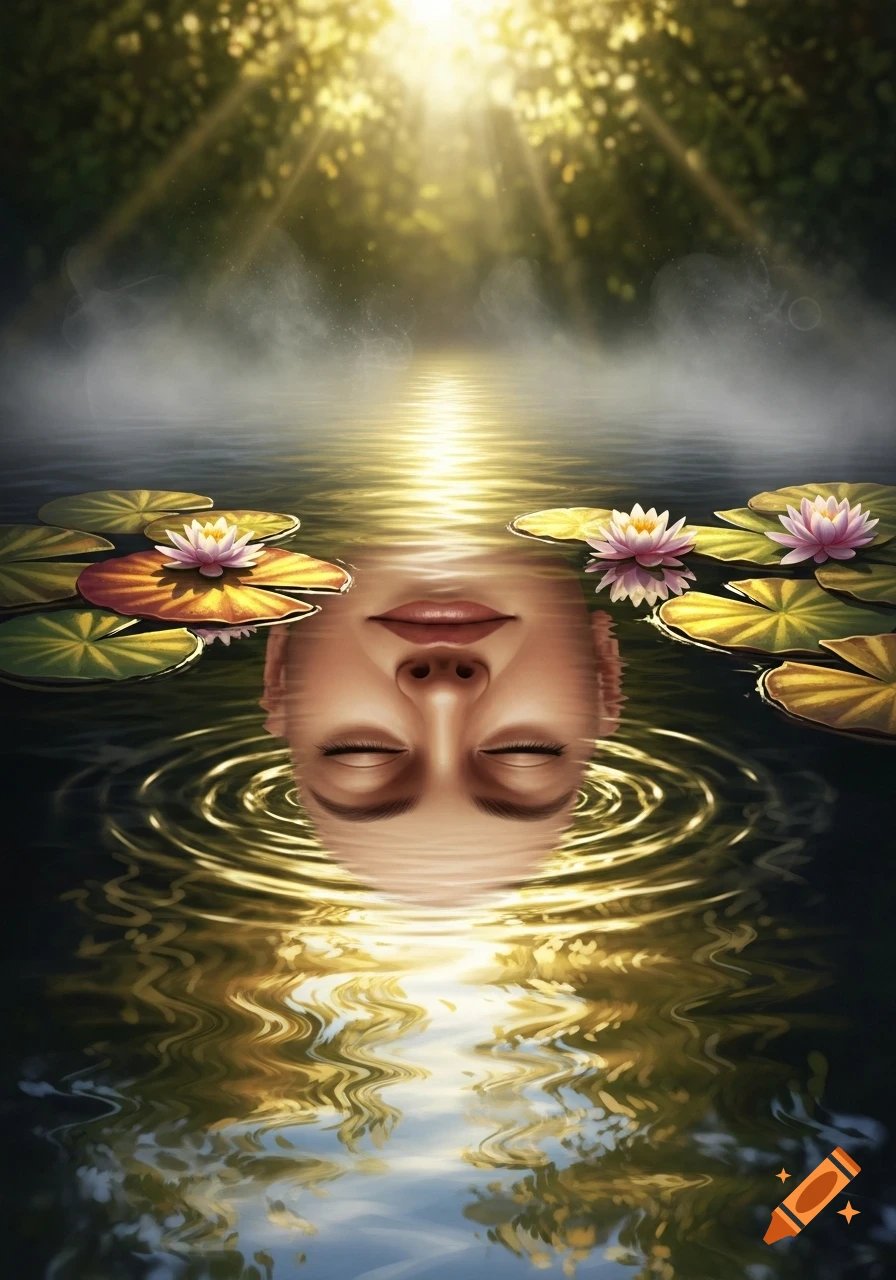 A serene face reflected in tranquil water, eyes closed, surrounded by lily pads and pink lotus flowers, with golden sunlight from above.