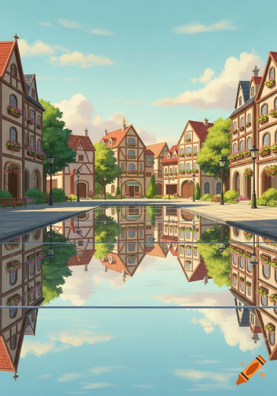 A charming animated town square with half-timbered houses, trees, and streetlights reflecting in a calm pool of water under a blue sky.