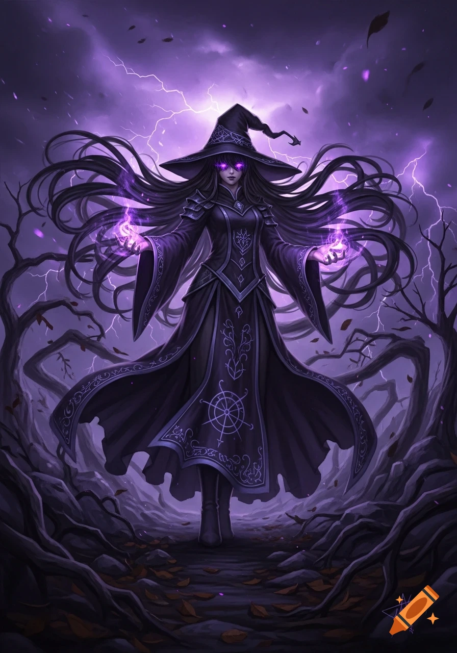 Anime witch with long dark hair, glowing purple eyes and magic in a dark, stormy forest with lightning.