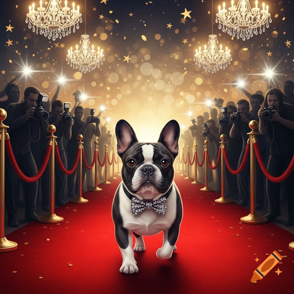 A French bulldog wearing a bow tie walks down a red carpet lined with gold stanchions and paparazzi, under sparkling chandeliers.