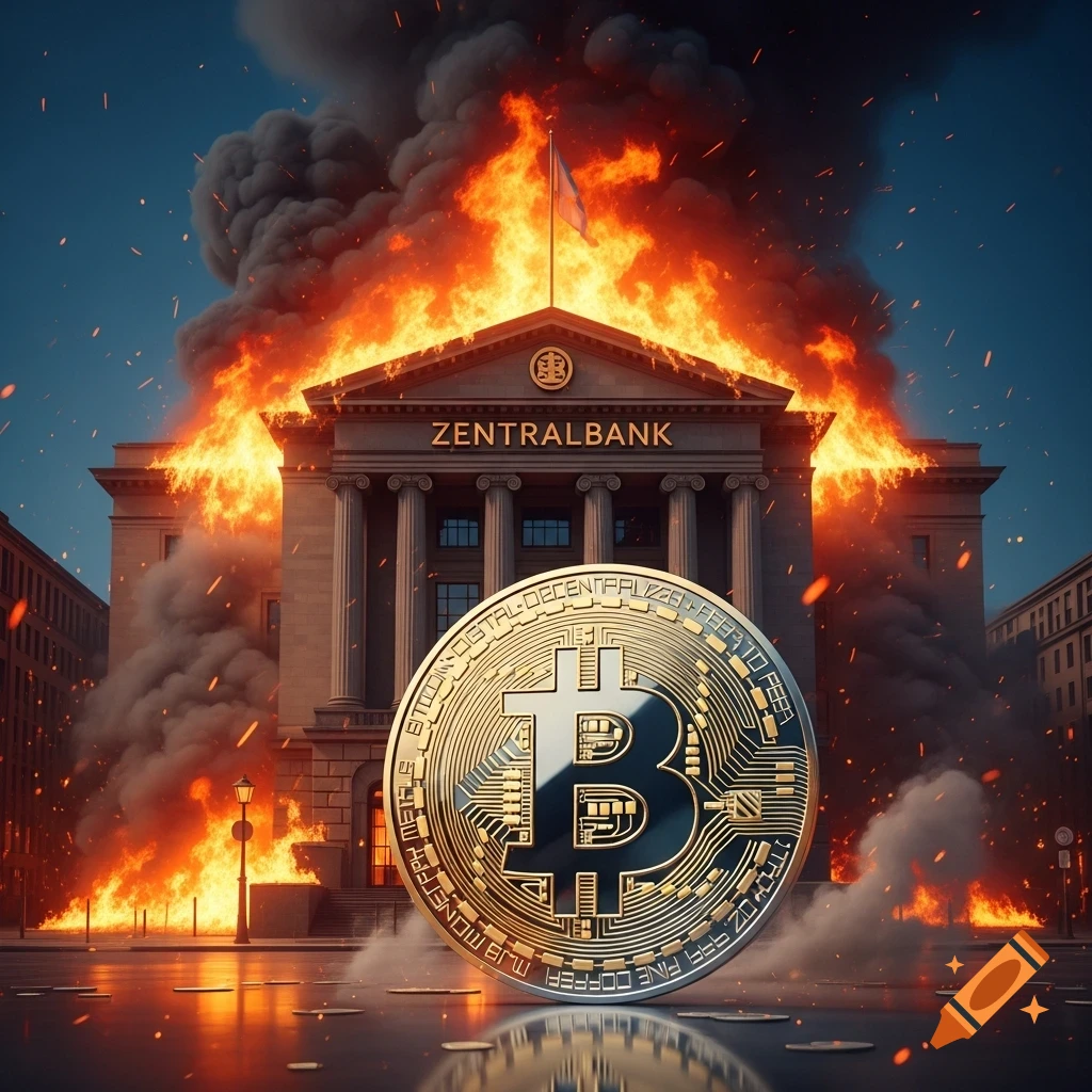 A large Bitcoin coin stands before a classical building labeled 'Zentralbank' engulfed in flames and smoke under a dramatic sky.
