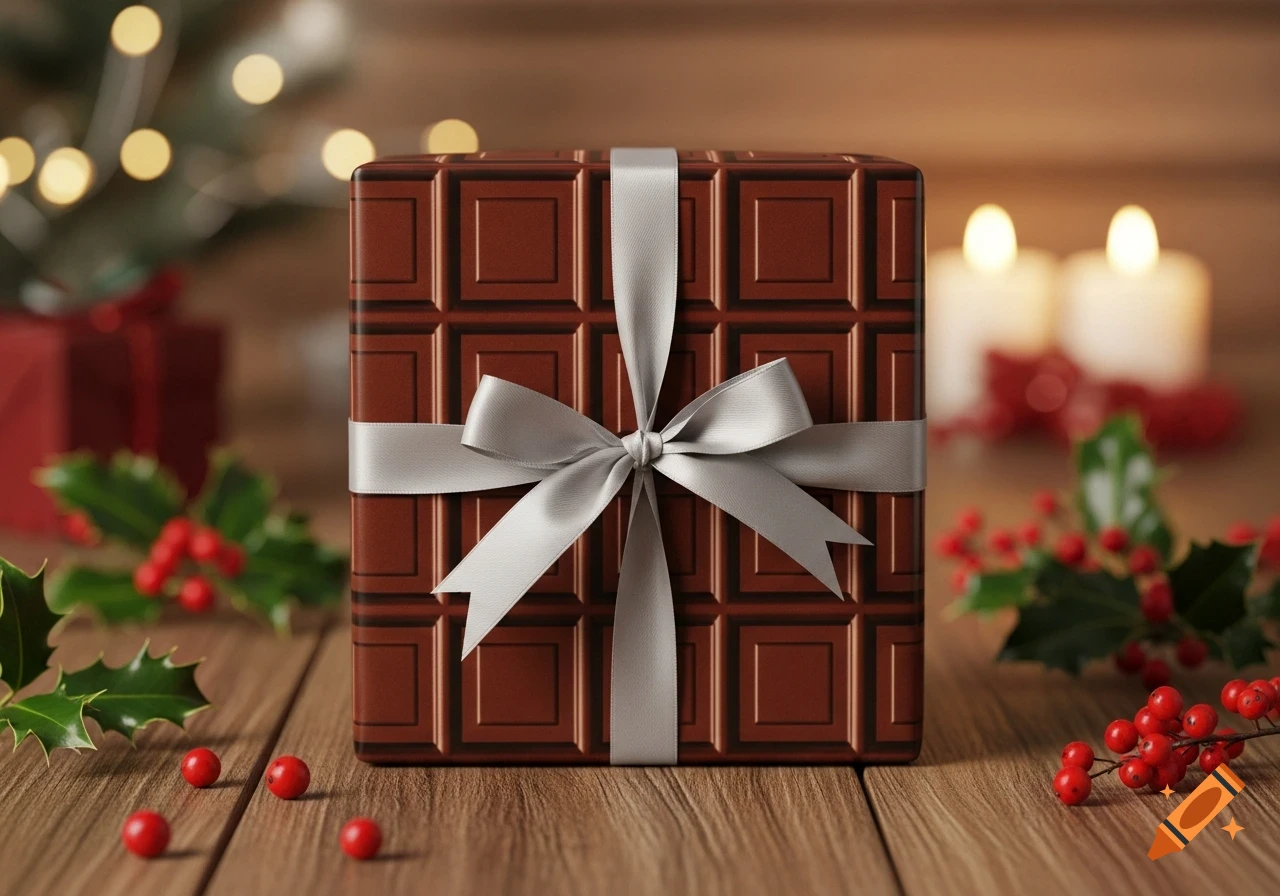 A chocolate bar patterned gift box with a silver ribbon, surrounded by holly and blurred Christmas lights on a wooden table.