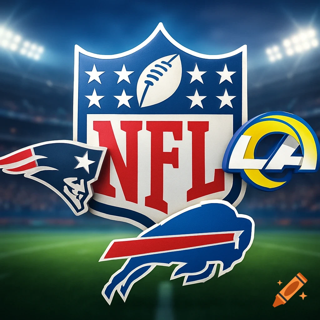 NFL logo surrounded by New England Patriots, LA Rams, and Buffalo Bills logos on a football field background.