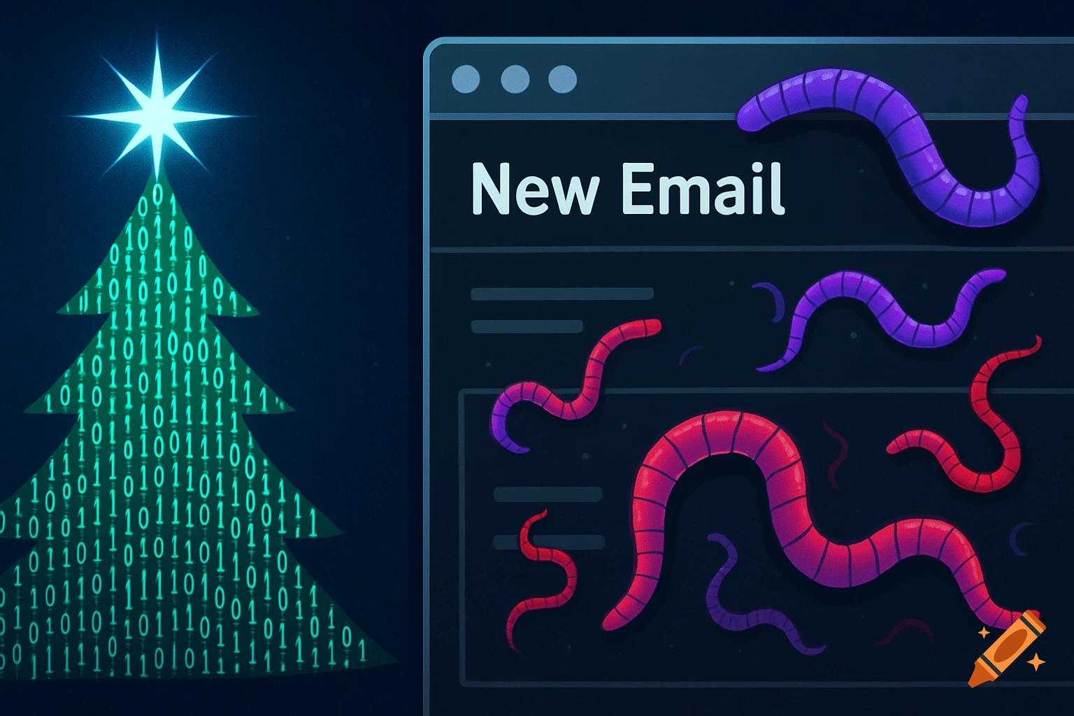 A digital illustration of a binary code Christmas tree next to an email client filled with computer worms.