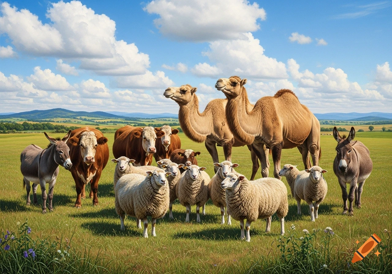 A photorealistic image of a diverse group of sheep, cows, donkeys, and camels gathered in a green field under a blue sky with clouds.