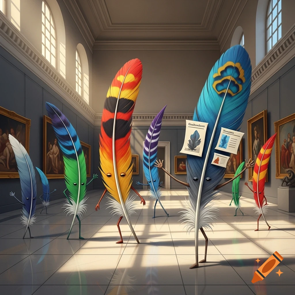 Colorful anthropomorphic feathers with limbs are guided through a grand, sunlit museum.