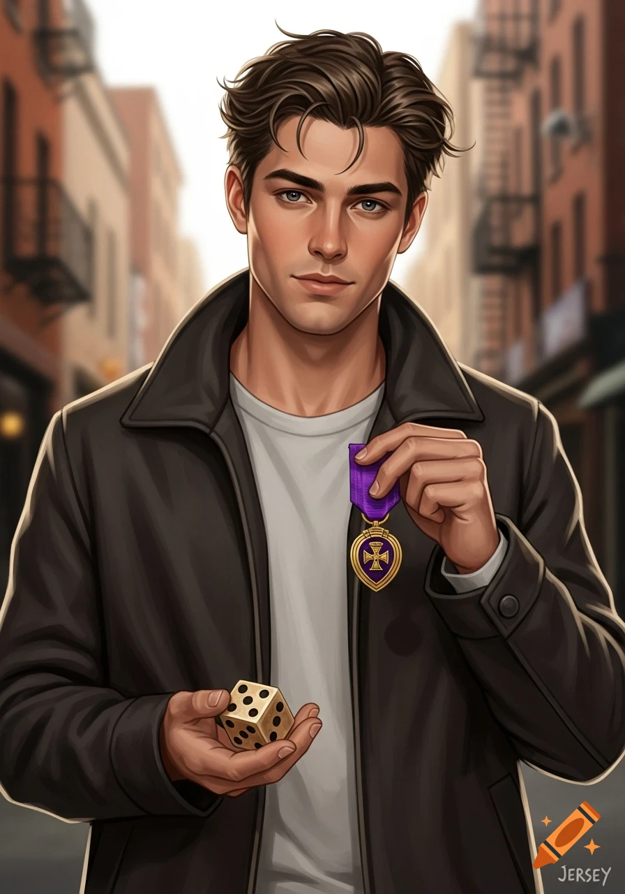 A handsome stylized young man with brown hair and blue eyes, wearing a black jacket, holds a purple medal and a golden die. He stands in an urban setting.