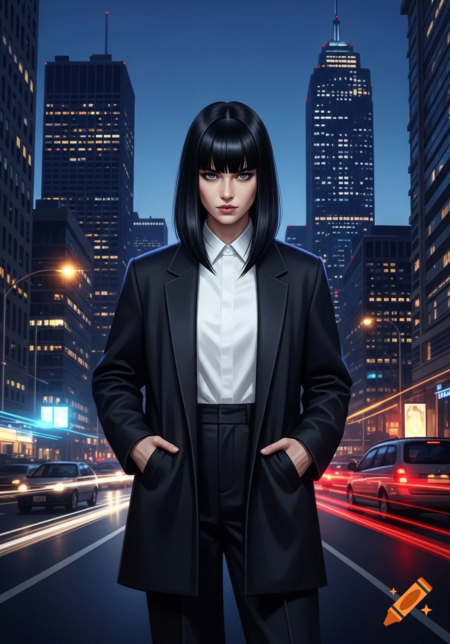 A serious-looking person with a black bob haircut and a black suit stands in a futuristic city street at night.