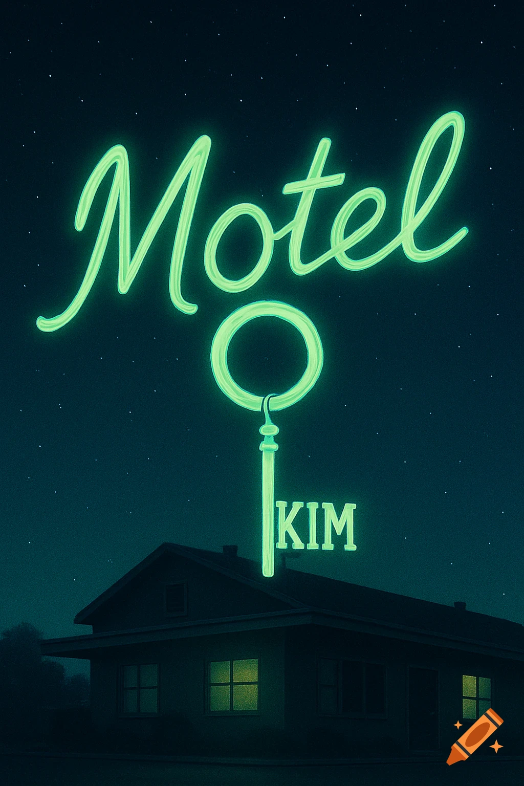 A neon green sign reads "Motel" with the 'O' as a key's head and "KIM" as the key's bitting, set above a dark building against a starry night sky.
