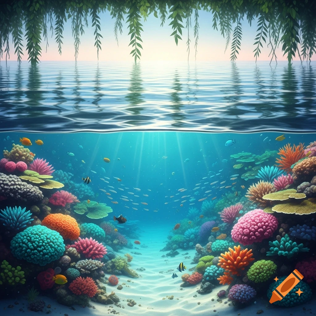 A vibrant underwater coral reef filled with colorful fish, with the calm blue ocean surface and green hanging leaves visible above.