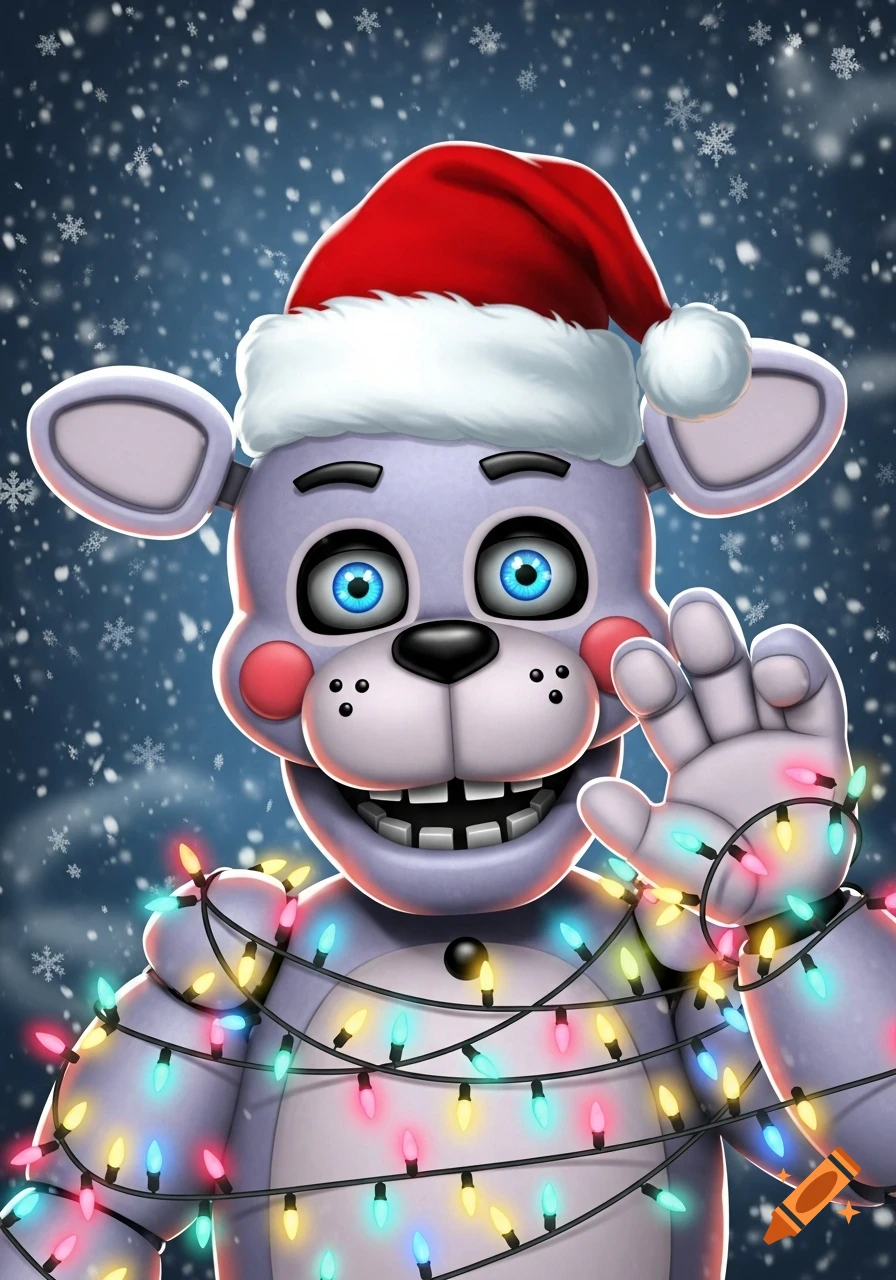 A cheerful cartoon character resembling Funtime Freddy, wearing a Santa hat and wrapped in colorful Christmas lights against a snowy blue background.