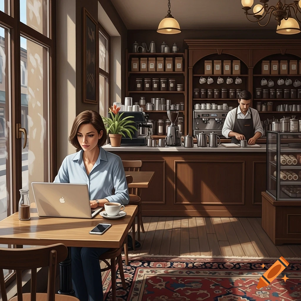 A woman works on a laptop at a table by a window in a bright cafe, with a barista preparing drinks behind the counter.