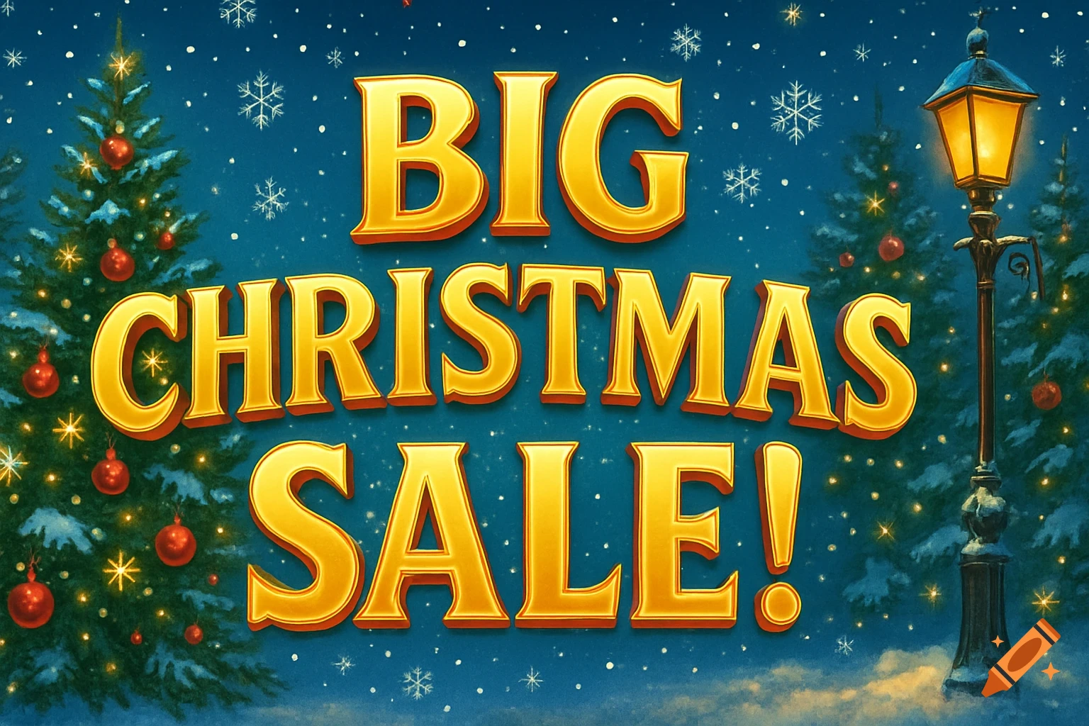 A festive banner with golden text 'BIG CHRISTMAS SALE!' against a snowy blue background, flanked by decorated Christmas trees and a lamppost.