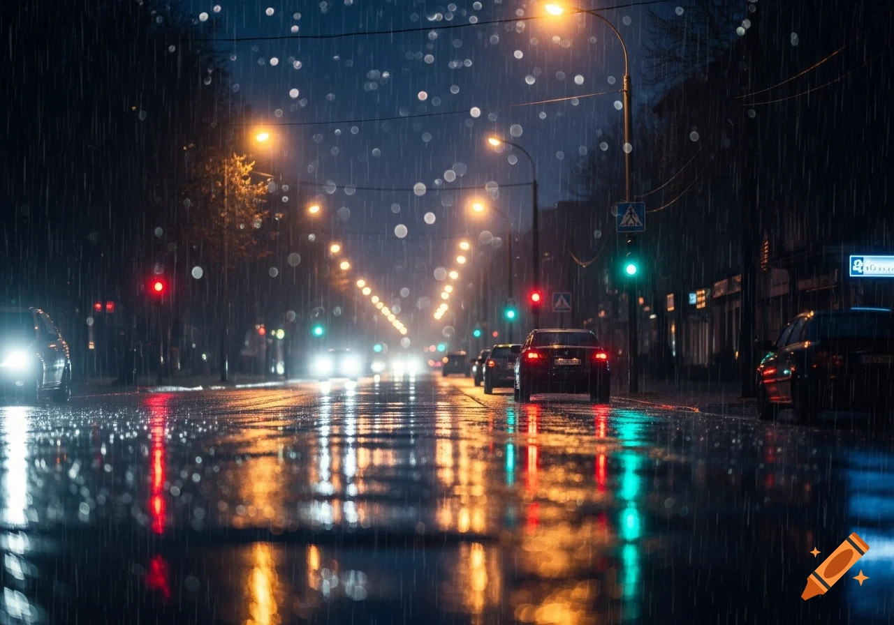 A dark, rainy city street at night, with blurred car headlights and red and green traffic lights reflecting on the wet asphalt, creating a dreamy, luminous effect.