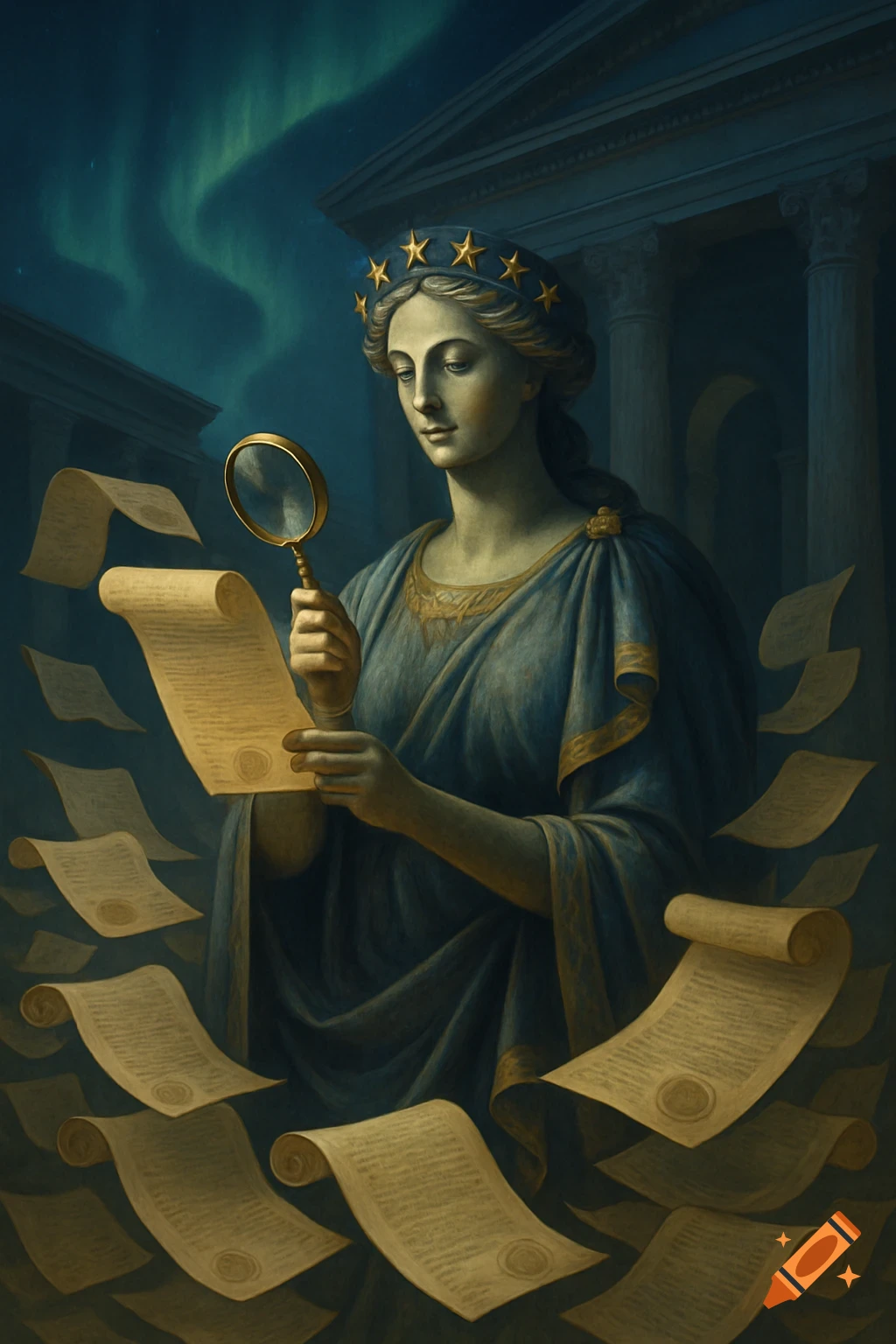 A classical allegorical woman with a star crown examines a scroll with a magnifying glass, surrounded by floating documents under an aurora-lit sky.