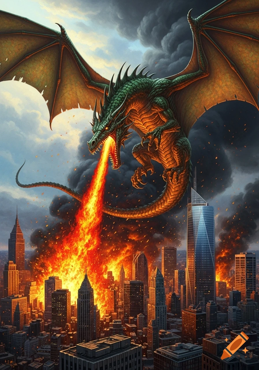 A powerful green dragon breathes fire, destroying a modern city under a stormy sky, in an oil painting style.