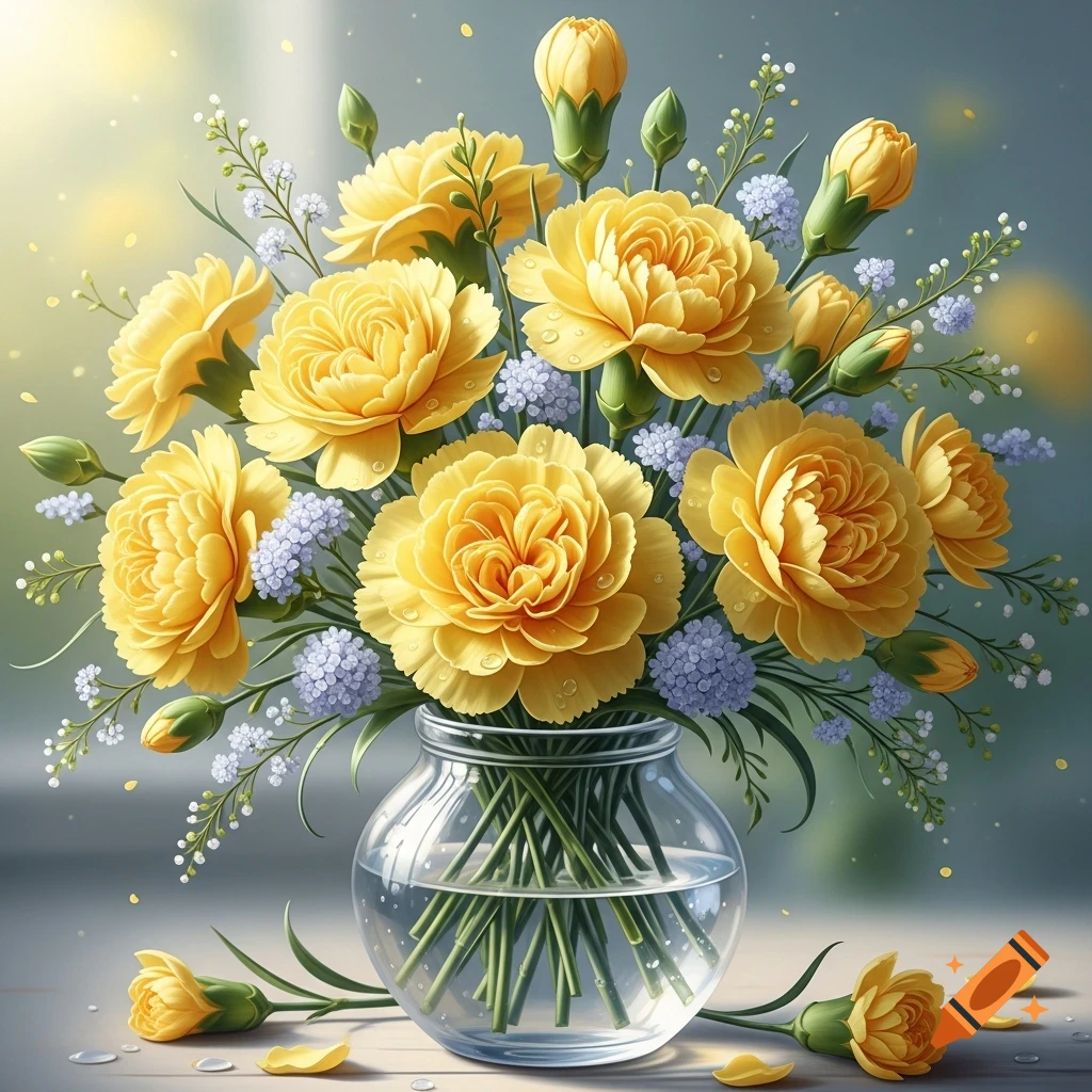 A beautiful bouquet of vibrant yellow carnations and delicate blue flowers in a clear glass vase, with water droplets on the table.