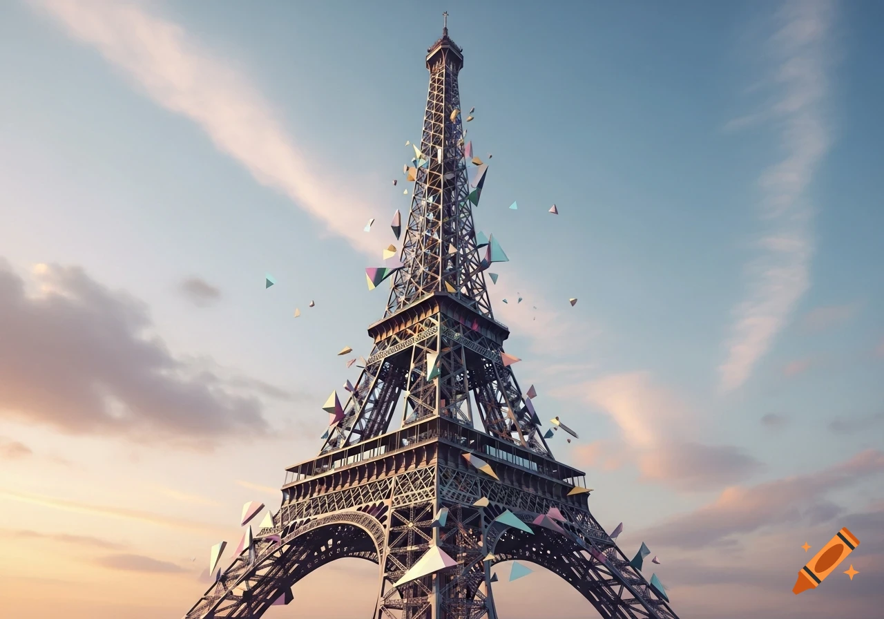 Cubist drawing of the Eiffel Tower fragmenting into colorful geometric shards against a cloudy sky.