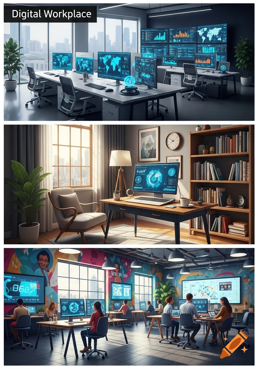 Three photorealistic panels depicting modern digital workplaces. The top shows a large office with multiple screens displaying data, the middle a home office setup with a computer, and the bottom an open-plan office with people working at computers.