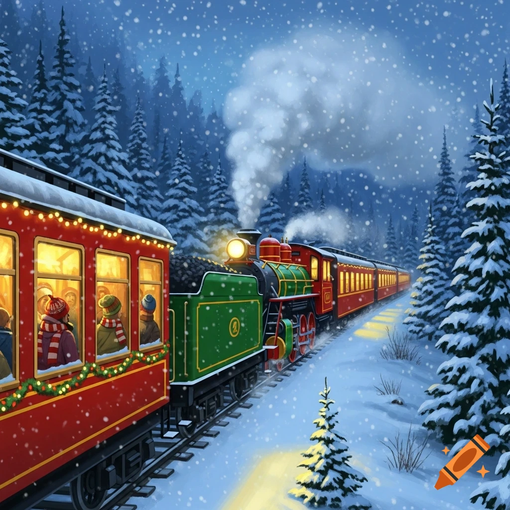 Festive red and green train travels through a snowy forest under falling snow, with passengers visible in illuminated windows. Illustrated.