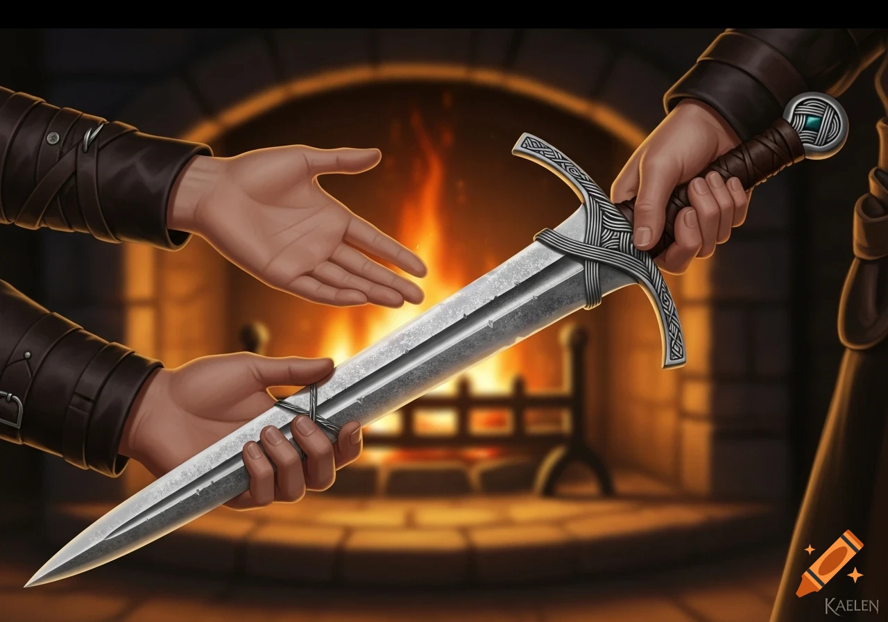 Two hands exchanging an ornate sword in front of a flickering fireplace, in a detailed art style.