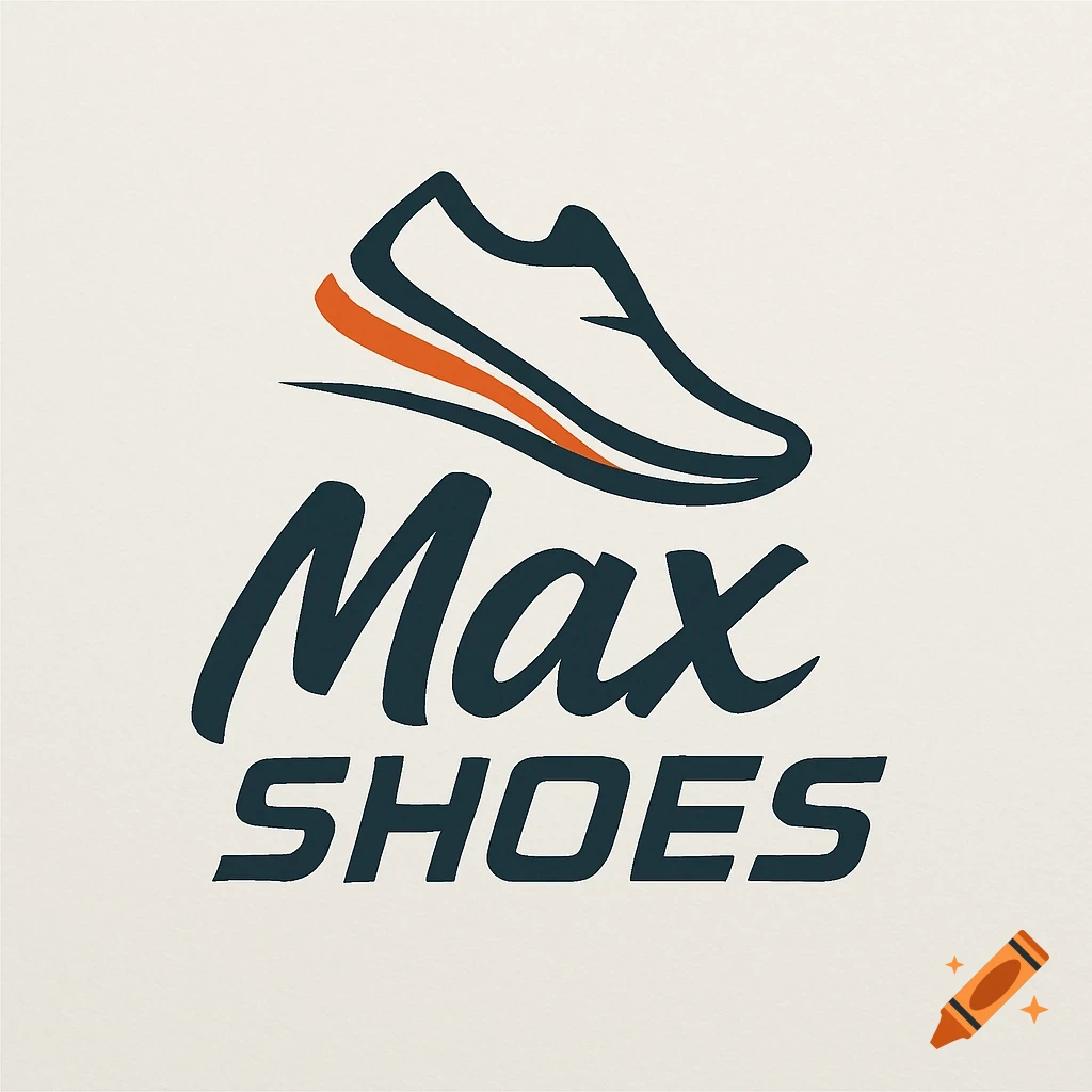 Logo for Max Shoes featuring an outline of a running shoe with an orange accent, and dark blue text.