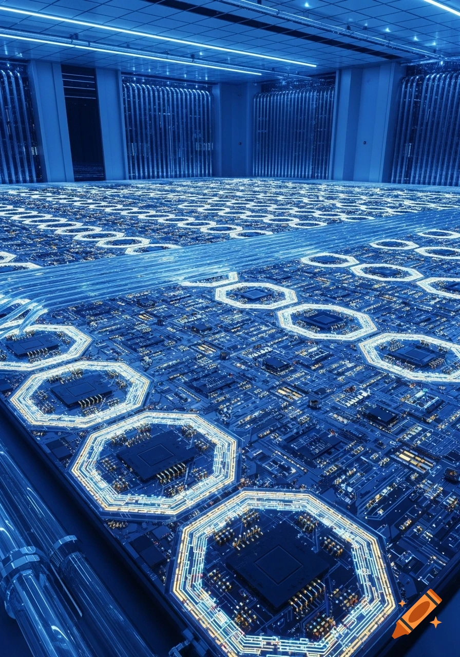 Photorealistic high-angle view of a massive AI supercomputer made of a silicon wafer with glowing blue and gold hexagonal circuits.