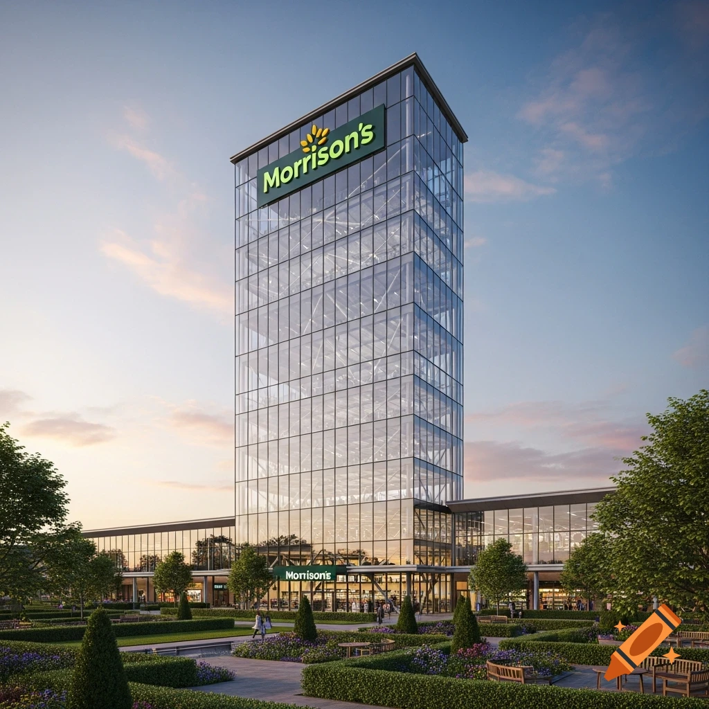 Photorealistic image of a tall glass Morrison's building and a lower grocery store entrance, surrounded by landscaped gardens.