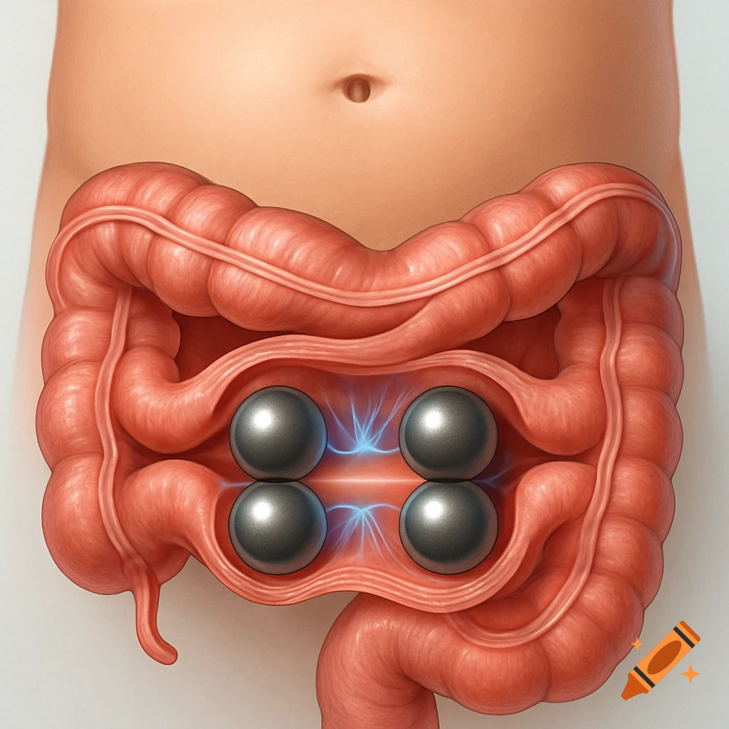 Medical illustration of a human abdomen showing a large intestine with four metallic spheres and blue magnetic fields.