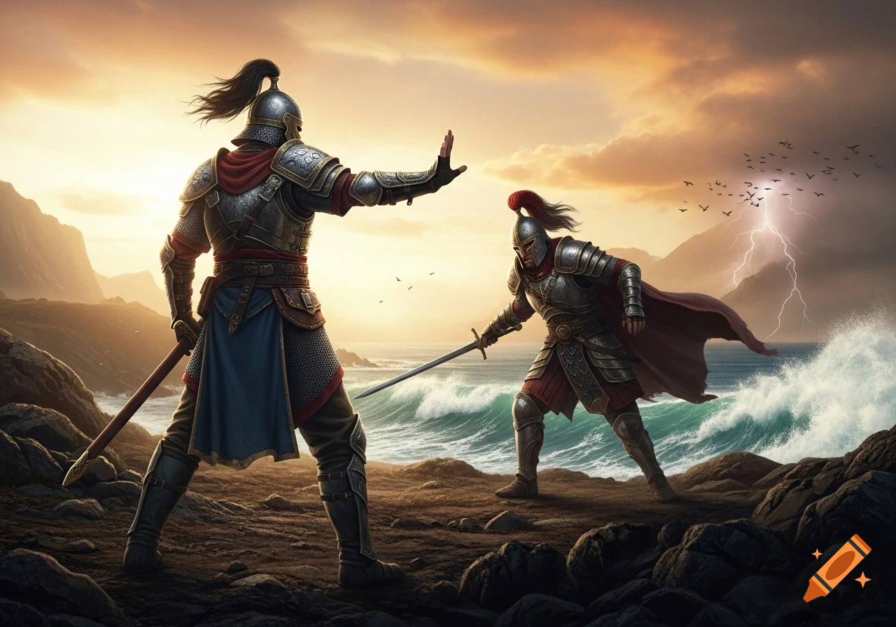 Two armored warriors face off on a rocky coast with waves and lightning, one stopping the other with an outstretched hand.