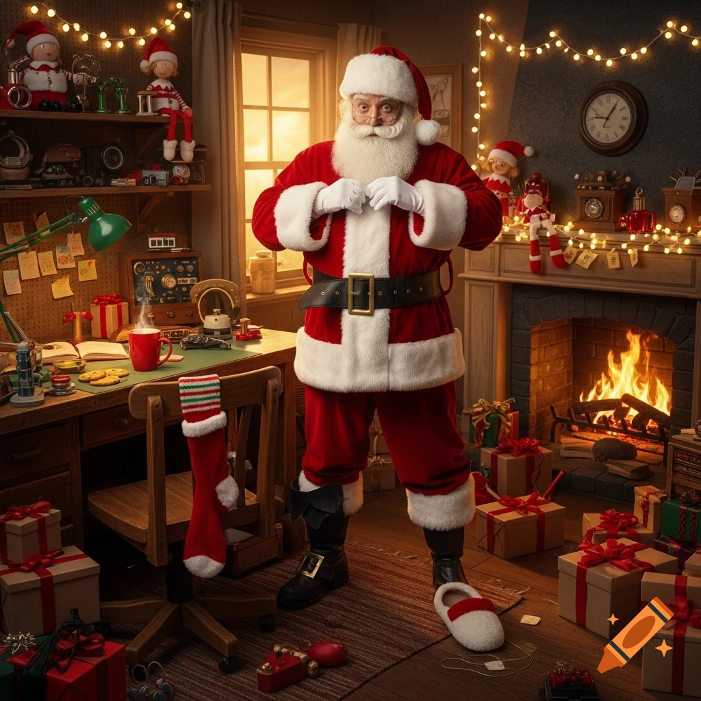 A surprised Santa Claus stands in his cozy, festive workshop, wearing one boot and one slipper, surrounded by gifts and a fireplace.
