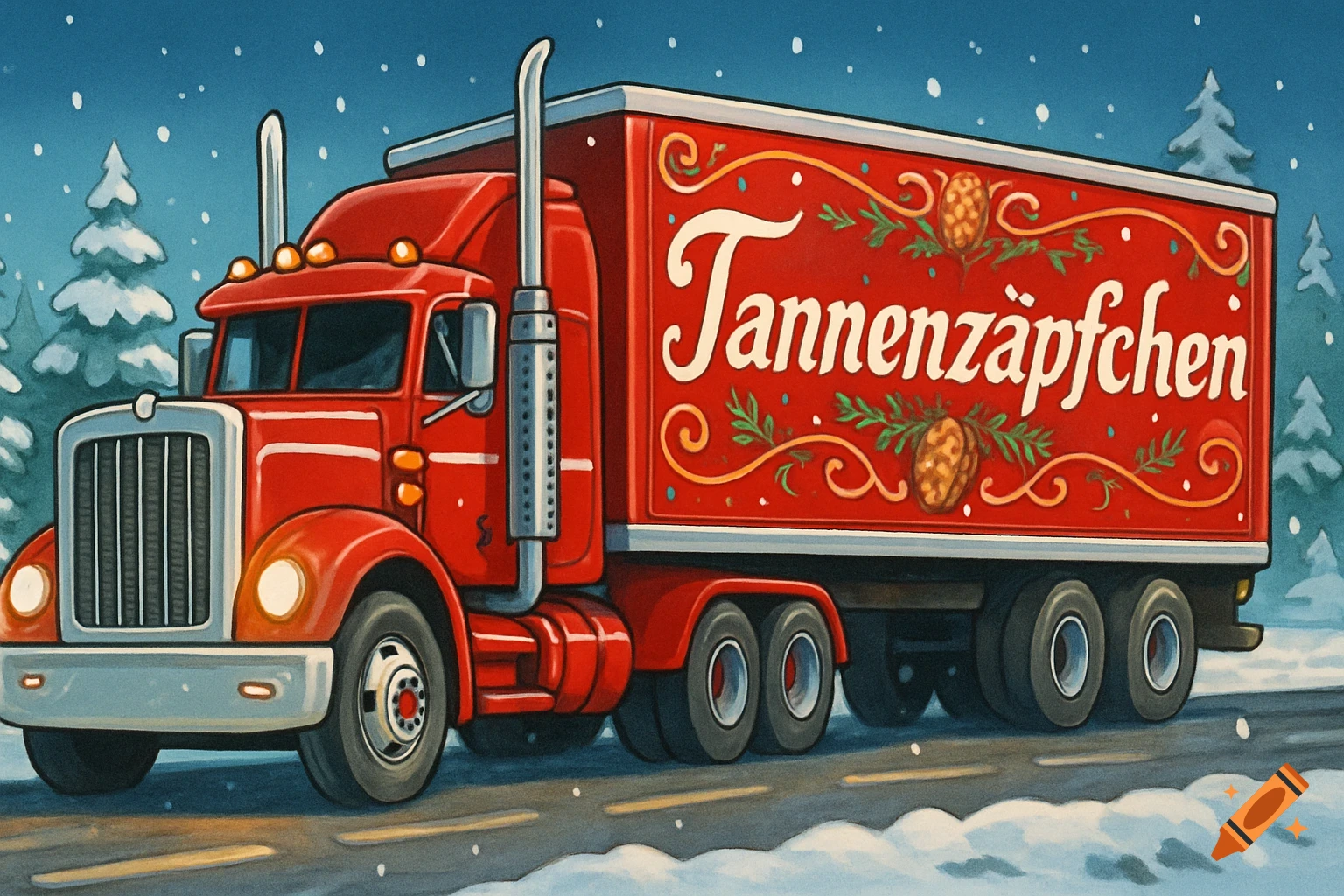 Red semi-truck with 'Tannenzäpfchen' on its trailer drives through a snowy winter landscape with pine trees, cartoon style.