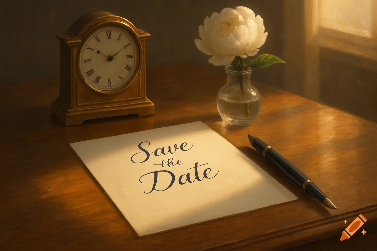 A 'Save the Date' note on a wooden desk with a vintage clock, a white flower in a vase, and a pen, bathed in soft light.