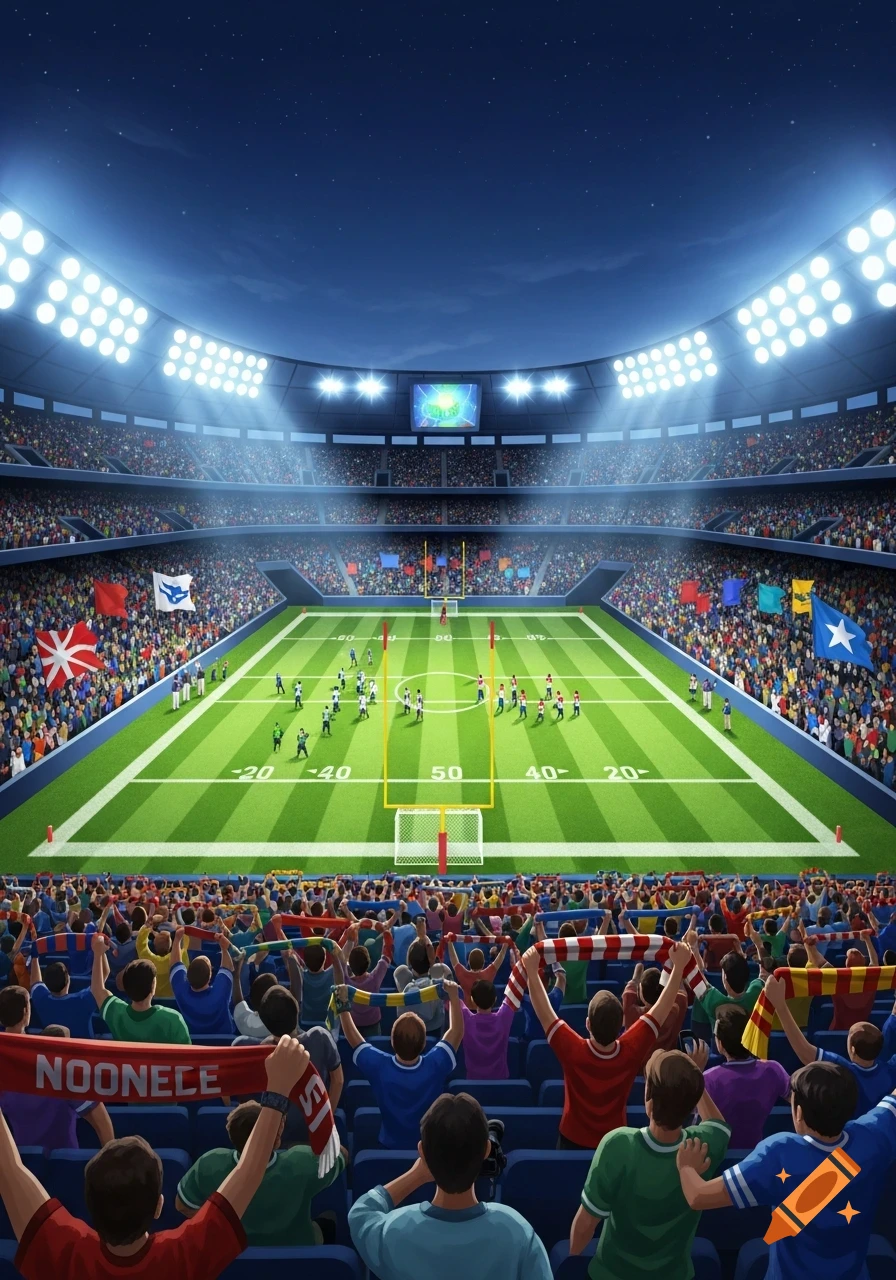 An animated wide shot of a brightly lit football stadium at night, with a game in progress on the green field and a full crowd of spectators, some holding banners, in the stands.