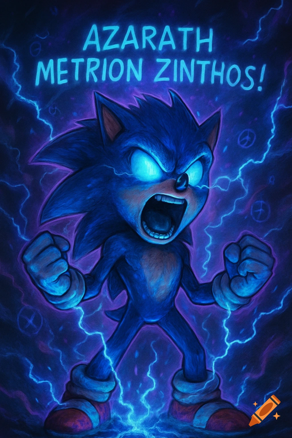 Angry Sonic the Hedgehog with glowing eyes, roaring amidst blue and purple lightning, with 'Azarath Metrion Zinthos!' text above.