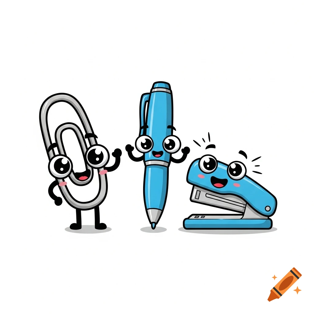 A cute cartoon illustration of a smiling paperclip, a happy blue pen, and a joyful blue stapler with big friendly eyes on a white background.