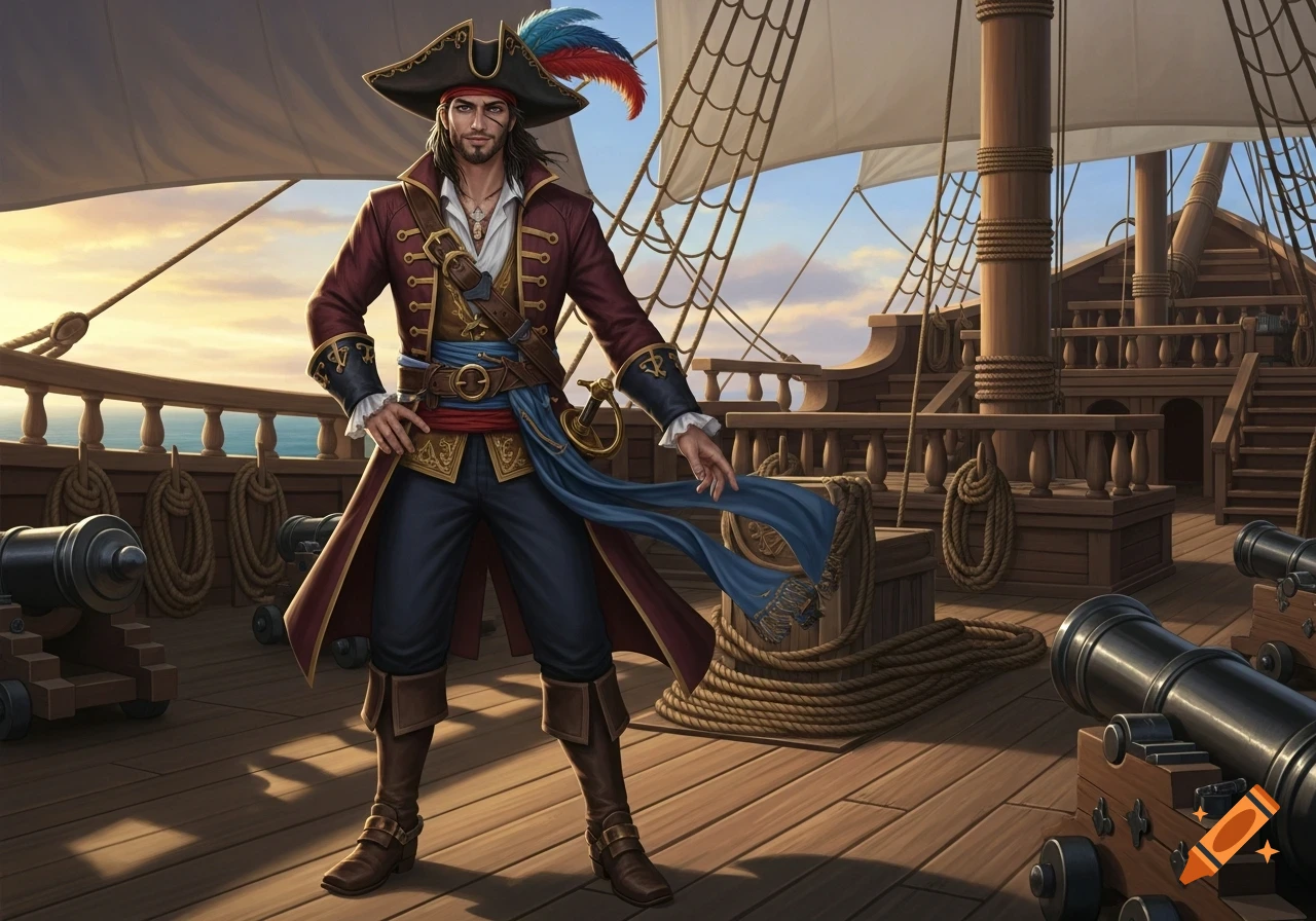 A male pirate in a feathered tricorn hat and an elaborate red coat stands on the wooden deck of a sailing ship with cannons at sunset.
