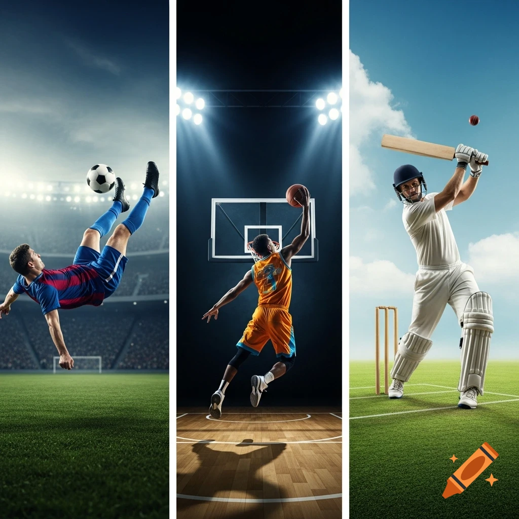 A triptych of sports scenes: a soccer player mid-bicycle kick, a basketball player dunking, and a cricket player batting, each in action on their field.